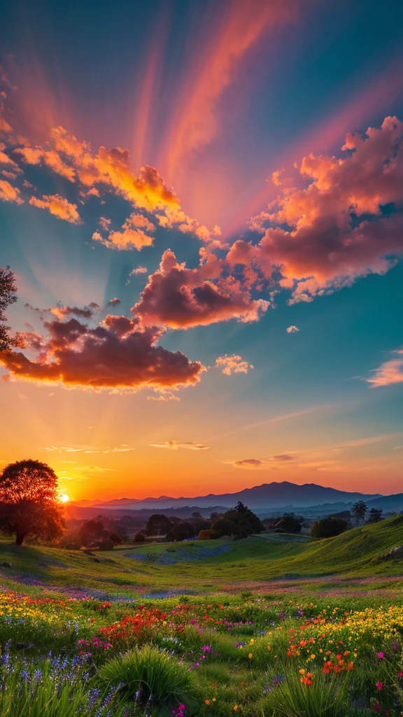 You can watch a beautiful sunset, The hills are covered with flowers and plants., Flowers are nearby, Colorful Sky, Surreal colors, Colorful sunset, Colorful Sky, Beautiful skyの反射, Beautiful sky, Fantastic atmosphere 8K, Multicolored clouds, Colors reflected in the lake, Surreal Sky, Red and blue reflections, Fire Reflection, Beautiful sky, beautiful and spectacular sunset, Beautiful dream landscape, Beautiful sky