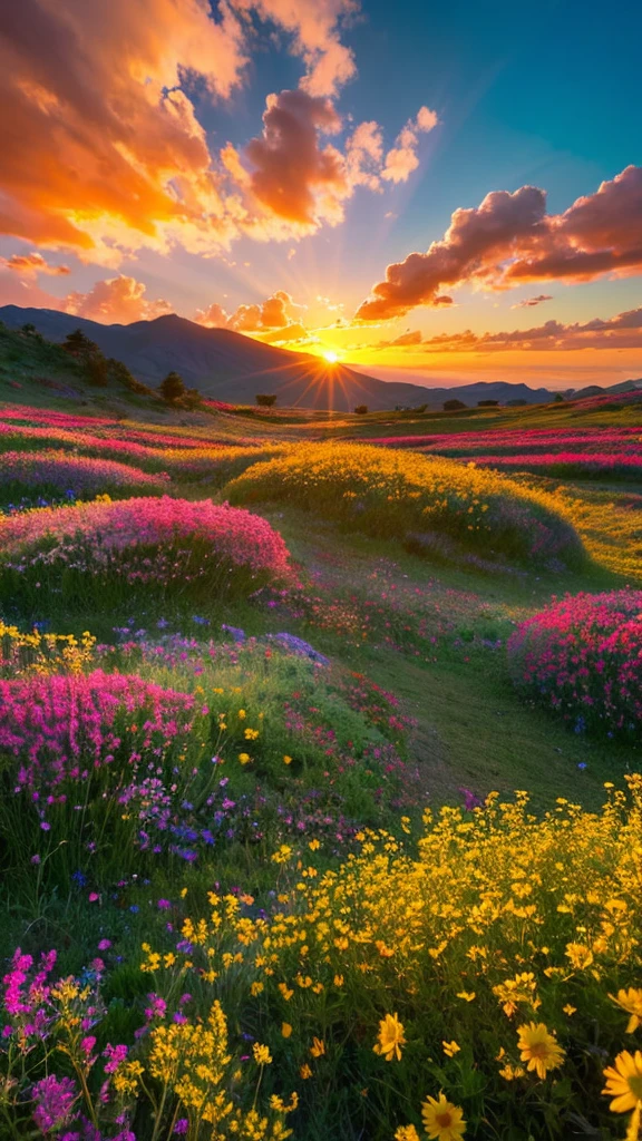 You can watch a beautiful sunset, The hills are covered with flowers and plants., Flowers are nearby, Colorful Sky, Surreal colors, Colorful sunset, Colorful Sky, Beautiful skyの反射, Beautiful sky, Fantastic atmosphere 8K, Multicolored clouds, Colors reflected in the lake, Surreal Sky, Red and blue reflections, Fire Reflection, Beautiful sky, beautiful and spectacular sunset, Beautiful dream landscape, Beautiful sky