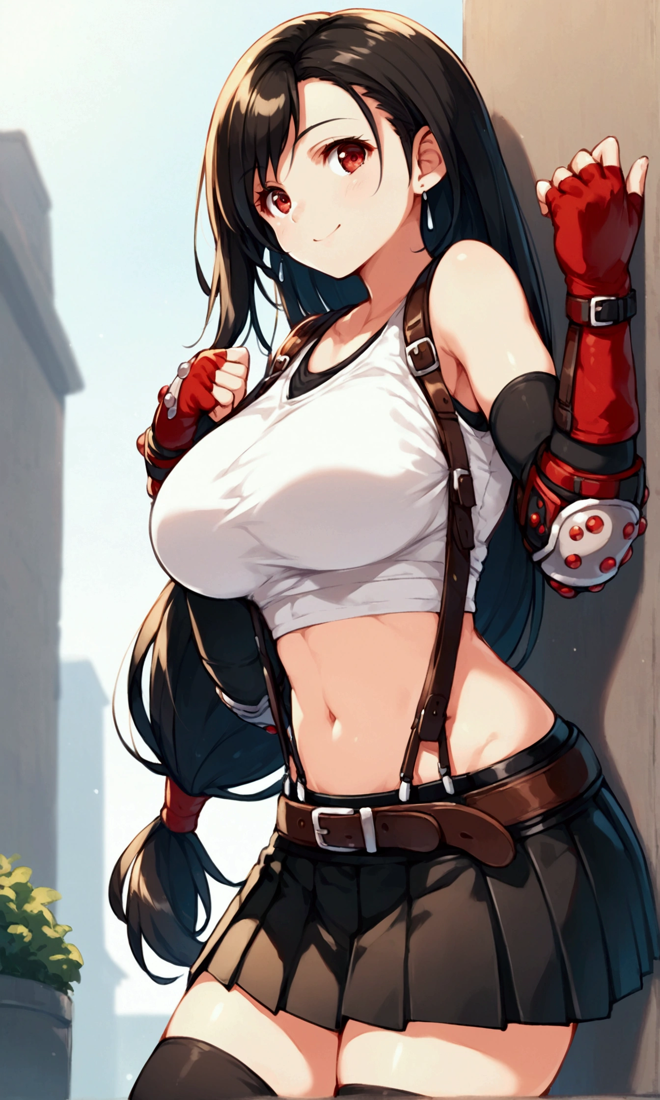 score_9, score_8_up, score_7_up,,BREAK , ,dynamicangle,,,,standing, upperbody,,Solo ,1girl, tifa lockhart, final fantasy, tareme,black hair, low-tied long hair, red eyes, bangs, (white tank top, belt, pleated skirt, thighhighs, elbow fingerless gloves, elbow pads, midriff, navel,suspender skirt) ,(large_breast),(light smile),(Balancing),daytime,outdoor,(ultra detailed),(best quality),(aesthetic,very aesthetic),UHD,extremely detailed CG unity 8k wallpaper,anime,depth of field,,leaning on wall