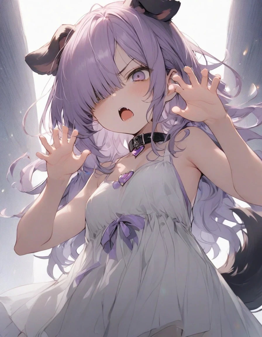 cute dress,(from below:1.25),angry,open mouth,standing,、、、purple ribbon,,,heart_brooch,{masterpiece), best quality, illustration, (1girl), , expressionless,,, (small :1.5).rib, flat chest, ,,(purple hair:1.25),,bags_under_eyes,, (hair over one eye:1.25),,, , jimiko, long hair,big hair, {{shaded face}},, , {shaded face}, ,1girl, wince,,, darkness, dog ears,dog tail, collar,(raise both hands:1.5), threatening pose, "gao" pose, raise chin,