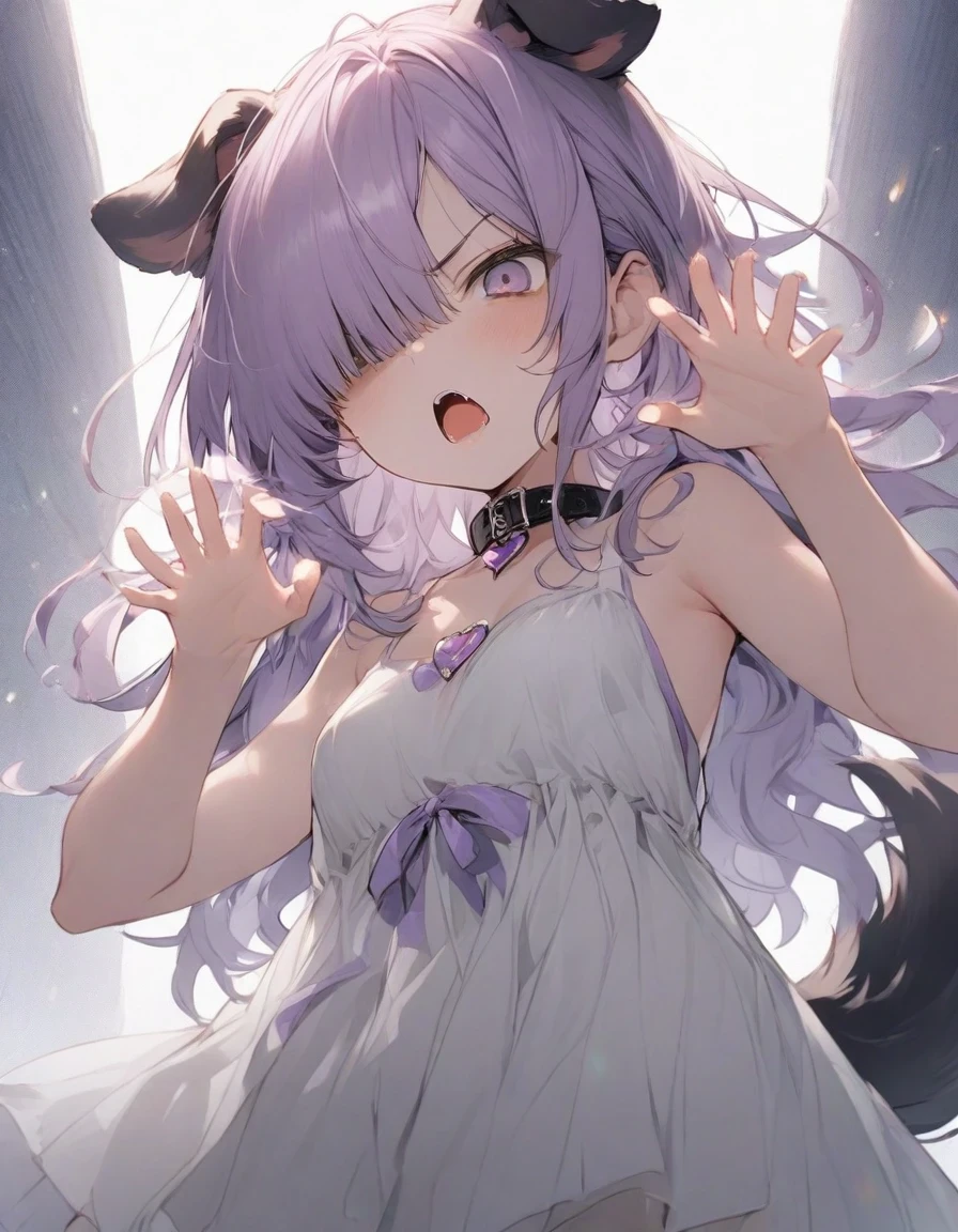 cute dress,(from below:1.25),angry,open mouth,standing,、、、purple ribbon,,,heart_brooch,{masterpiece), best quality, illustration, (1girl), , expressionless,,, (small breasts:1.5).rib, flat chest, ,,(purple hair:1.25),,bags_under_eyes,, (hair over one eye:1.25),,, , jimiko, long hair,big hair, {{shaded face}},, , {shaded face}, ,1girl, wince,,, darkness, dog ears,dog tail, collar,(raise both hands:1.5), threatening pose, "gao" pose, raise chin,