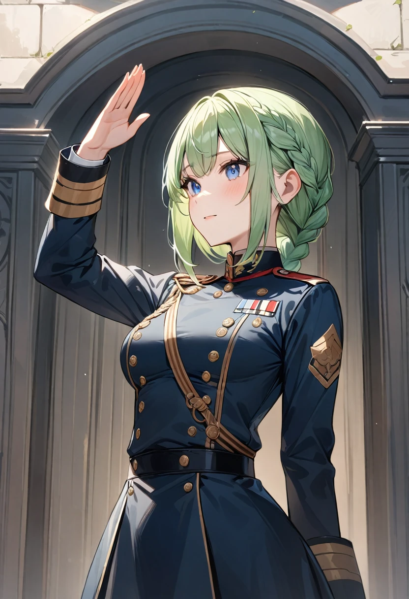 (masterpiece, top quality, very aesthetic, 4k、illustration), intricate detail, 1girl,Standing in front of a wall、(upper body)、clear face、salute、(braid hair)、
Cute 、light green hair、,middle hair,sidelock ,,blue eye、Military uniform、Tight skirt、,medium breasts、Slim 、