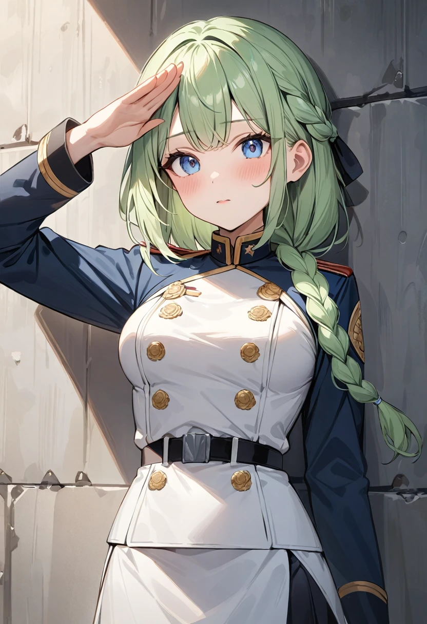 (masterpiece, top quality, very aesthetic, 4k、illustration), intricate detail, 1girl,Standing in front of a wall、(upper body)、clear face、salute、(braid hair)、
Cute 、light green hair、,middle hair,sidelock ,,blue eye、Military uniform、Tight skirt、,medium breasts、Slim 、