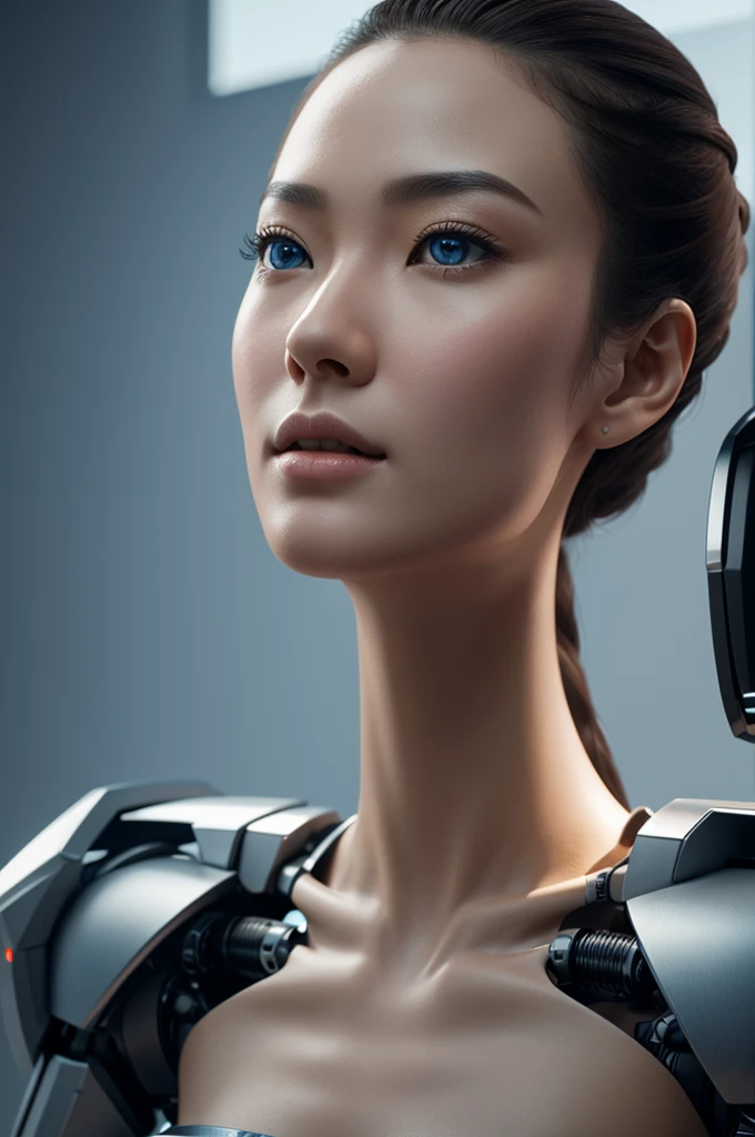 Top quality 8K ultra high definition work, masterpiece: 1.3, sharp focus: 1.2. One robot, the face is a human woman. complex 3d render ultra detailed of a beautiful porcelain skin head asian girl with blue eyes profile android face, Facing the camera、cyborgs, roboticparts, 150mm, beautiful studio soft light Go to top, Hyper Realistic, anatomically,
