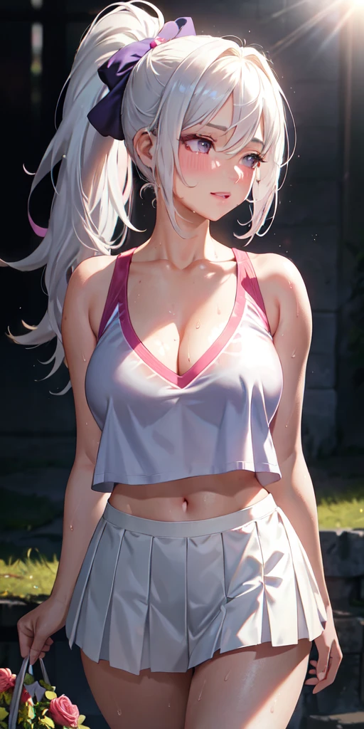 realistic, 1girl, ponytail, parted lips, blush, makeup, light smile, white hair, sportswear, skirt, wet clothes, glow, thighs, purple eye, bare shoulders, collarbone, narrow waist, sunbeam, sunlight, rose, wind, cleavage, (masterpiece), sweat,