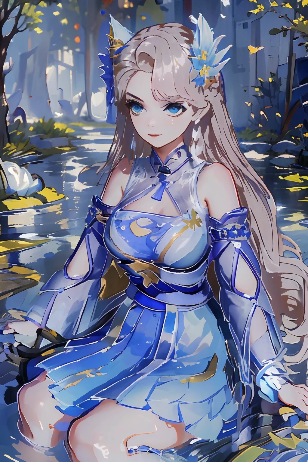 absurd, high resolution, Extremely detailed, (1 Girl:1.3), Hand Painted, Simple lines, -yeld giwearing colorful Chinese Hanfu, Sexy fox ears girl, By the lotus pond, masterpiece, sitting in water, Floating clothes, Flowing hair
