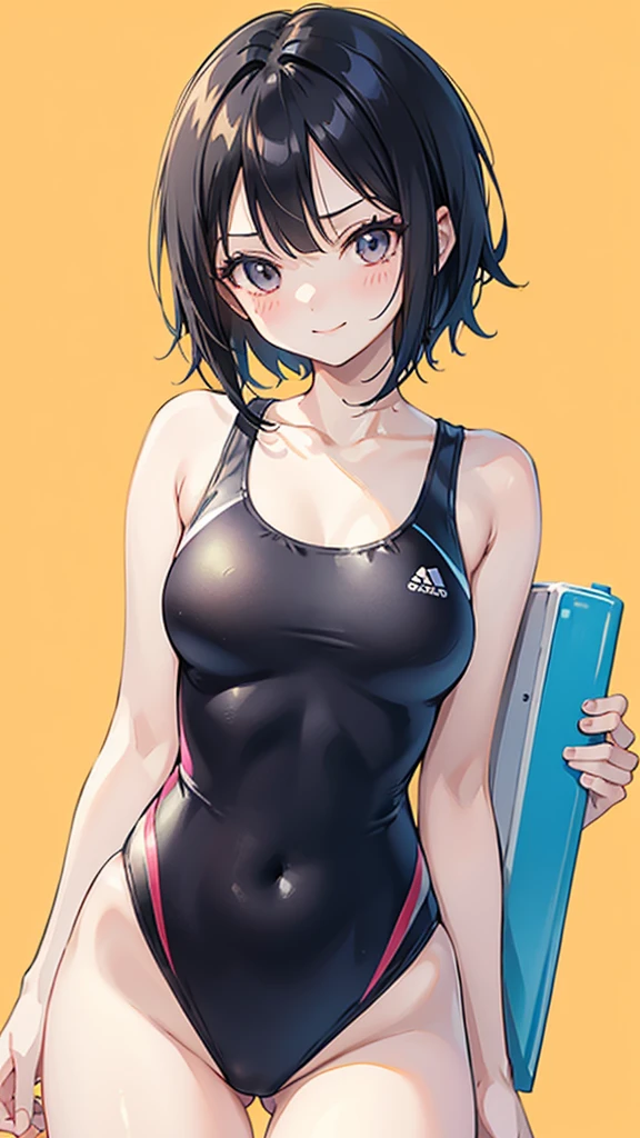 One piece type competitive swimsuit　Black Bob Hair　Great style　blush　smile　Standing facing forward　Up to the knee