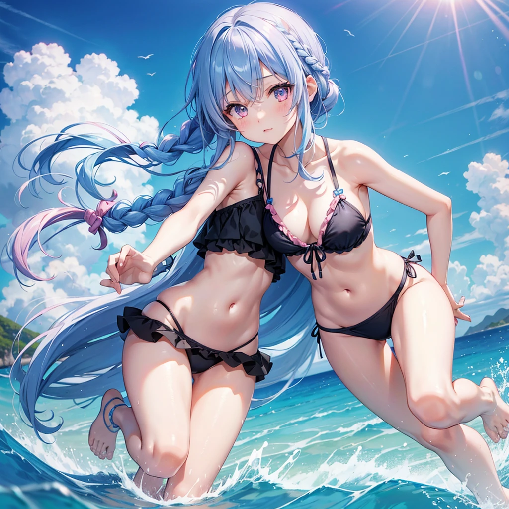 (Sky blue medium hair),(Braided hair tied together)、Pink eyes、Fair skin、(whole body)、(One Girl)、Black frilly swimsuit、Shining white sand beach in midsummer、Okinawa&#39;s ocean、A big smile、、(masterpiece、Highest quality、Very detailed、Best Shadow)、(Detailed Background)、(Beautifully detailed face)、High contrast、(Best lighting、Very delicate and beautiful)、((Cinematic Light))、colorful、Hyper Detail、Dramatic Light、Exquisite detail、Girl sitting