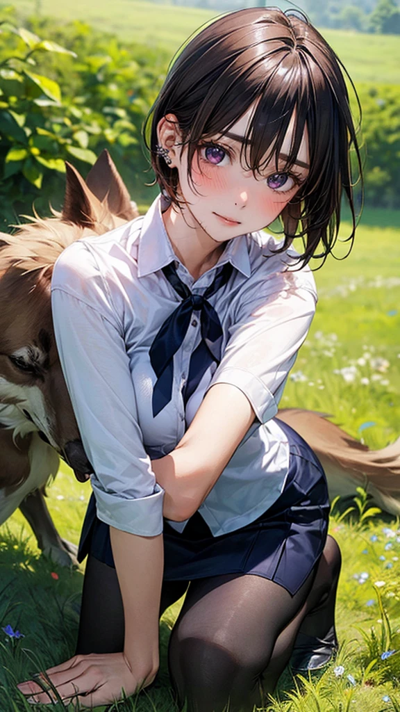 (masterpiece:1.2, top-quality), (realistic, photorealistic:1.4), beautiful illustration, (natural side lighting, movie lighting),
looking at viewer, cowboy shot, front view:0.6, 1 girl, japanese, high school girl, perfect face, cute and symmetrical face, shiny skin,
(long hair:1.8, straight hair:1.7, light brown hair), parted bangs, emerald green eyes, long eye lasher, (large breasts:0.9, thick thighs),
beautiful hair, beautiful face, beautiful detailed eyes, beautiful clavicle, beautiful body, beautiful chest, beautiful thigh, beautiful legs, beautiful fingers,
(A girl is on all fours in a grassy field. A girl is carrying a large dog on her back.)A complete body. Full hands and legs. White shirt, red bow tie, black pleated miniskirt. Black socks, brown loafers.
Face, bright red, flush, both eyes closed, mouth open, crying expression.
Her nipples are standing out, even on her shirt. (The skirt is shorter than normal, but it is so short that you can almost see her panties.)The girl has brown hair. Her face is flushed red, her eyes are closed, and she is crying with her mouth open.
(The skirt is so short that you can almost see her panties.)