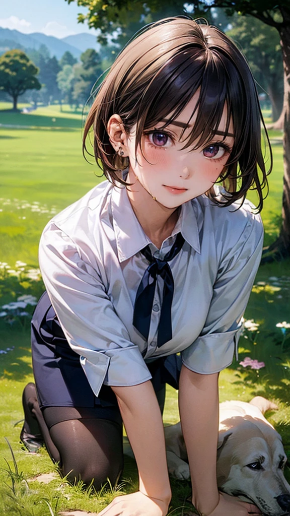 (masterpiece:1.2, top-quality), (realistic, photorealistic:1.4), beautiful illustration, (natural side lighting, movie lighting), 
looking at viewer, 1 woman, japanese, 22 years old, high school teacher, perfect face, cute and symmetrical face, shiny skin, babyface, 
(short hair, straight hair, dark brown hair), hair between eyes, dark purple eyes, (middle breasts, seductive thighs, big ass), piercings, 
beautiful hair, beautiful face, beautiful detailed eyes, beautiful clavicle, beautiful body, beautiful chest, beautiful thigh, beautiful legs, beautiful fingers, 
((navy tight skirt, white collared shirt), open shirt, black pantyhose), purple neck ribbon, , 
(beautiful scenery)IIn the grass in the meadow, ((A girl is on all fours. A large dog is hugging the girl's lower body. A perfect body. Complete hands and legs.

Face, bright red, flush, shy expression. Her large breasts and nipples are standing out, even through her shirt. The skirt is shorter than normal, but even shorter. The girl has brown hair.

(Very short skirt).

(Very short skirt).

(Very short skirt).

She is wearing a very short skirt.