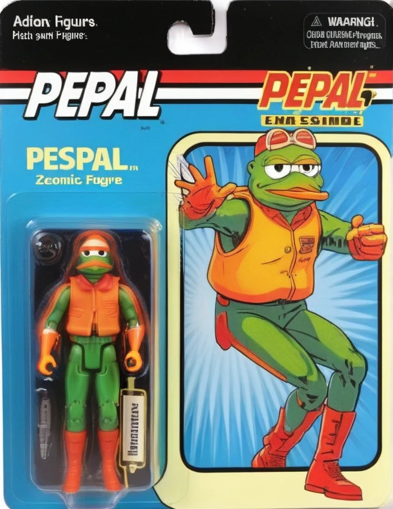 A meticulously detailed, photo-realistic image of a PEPESPAL action figure, packaged in a vibrant box. The packaging prominently features a cartoon illustration of PEPESPAL on one side, characterized by exaggerated features and a signature expression. Beside the cartoon, a clear window panel reveals the action figure, a precise replica, with distinct detailing and accurate coloring. The figure's attire mirrors PEPESPAL iconic suit and tie ensemble, complete with miniature accessories. The background of the box displays elements symbolic of  PEPESPAL presidency, subtly enhancing the collectible's thematic appeal 