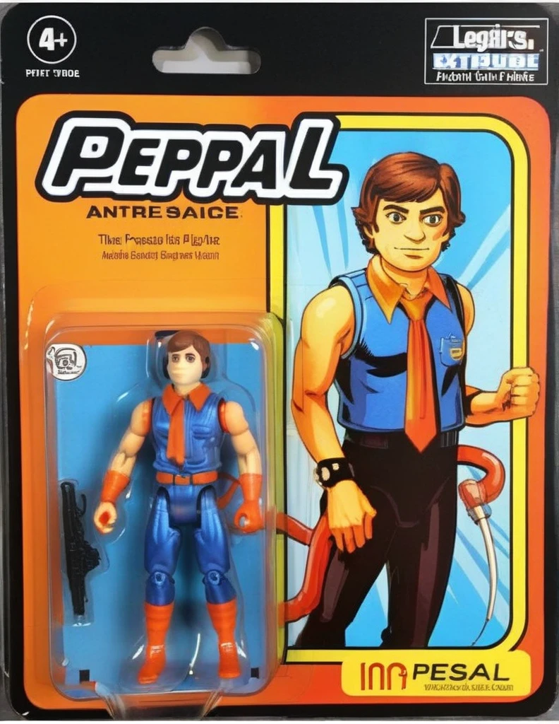 A meticulously detailed, photo-realistic image of a PEPESPAL action figure, packaged in a vibrant box. The packaging prominently features a cartoon illustration of PEPESPAL on one side, characterized by exaggerated features and a signature expression. Beside the cartoon, a clear window panel reveals the action figure, a precise replica, with distinct detailing and accurate coloring. The figure's attire mirrors PEPESPAL iconic suit and tie ensemble, complete with miniature accessories. The background of the box displays elements symbolic of PEPESPAL presidency, subtly enhancing the collectible's thematic appeal