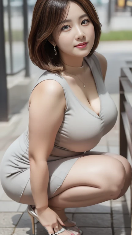 (8K, best quality, masterpiece, Golden Ratio Composition,:1.3, Panoramic view, Full body picture), (40-year-old plump Japanese woman standing on the street), (90 kg obese body),  (Wearing a turtleneck :1.2), (Legs close-up), (Thick thighs),  (Snow-white long legs),  (Huge breasts), (No upper body exposed),  (dress), (Wearing high heels), Soft face line, Gentle and beautiful, (Silver short hair),