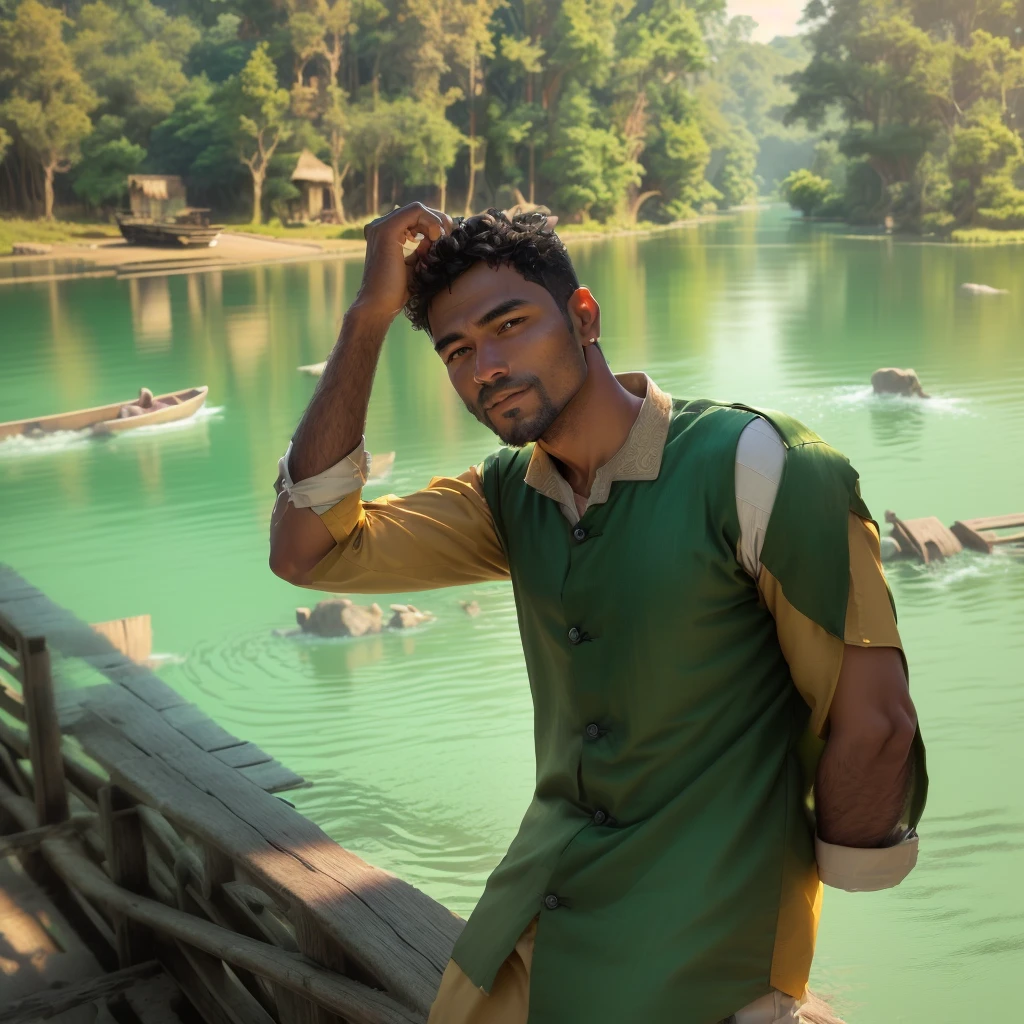 arafed man standing on a wooden bridge over a river, riyahd cassiem, ayan nag, candid picture, assamese aesthetic, river in the background, picture, near a river, in lake, connected with hanging bridge!!, a picture, very artistic pose, picture, profile picture 8k, near a lake, photography, cinematic, detailed face, animated, hyper realistic