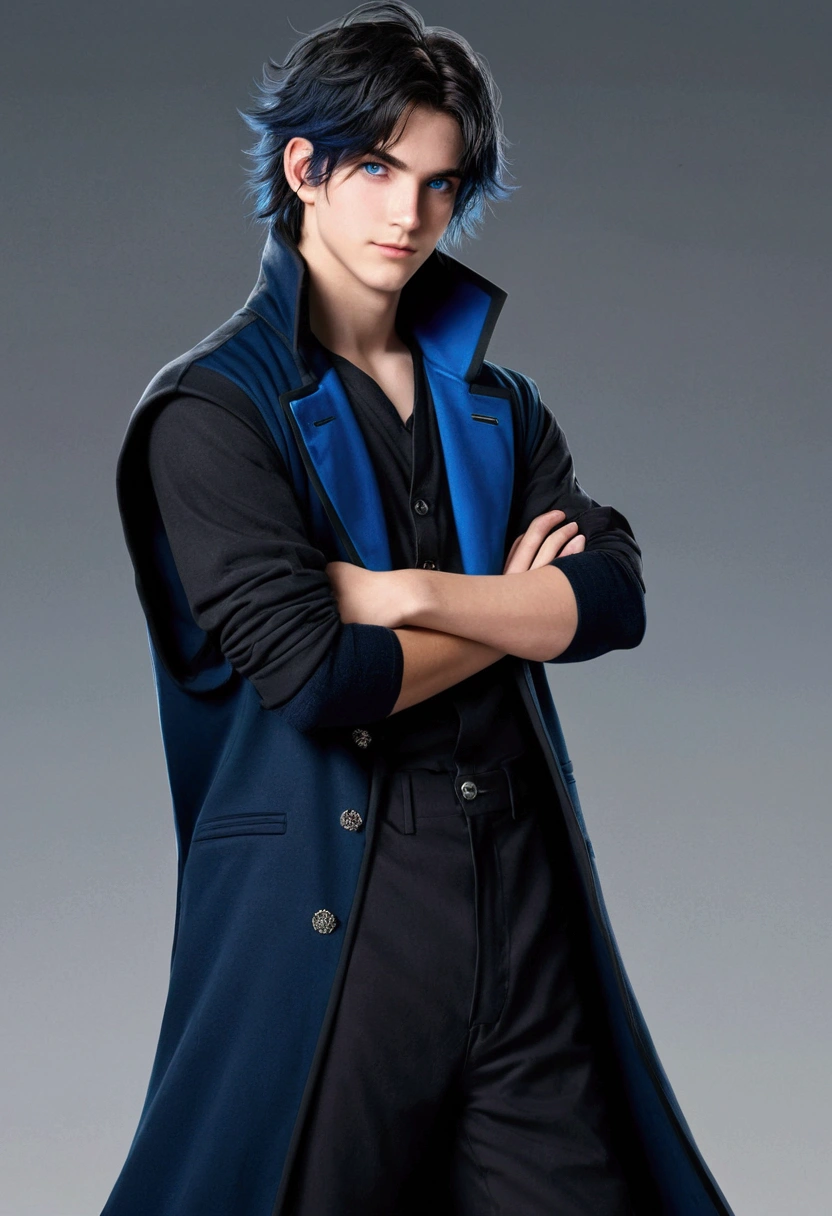 Teenage boy, Messy hair, long hair, multicolored blue and black hair, crossed arms, blue and black eyes, heterochromia, Simple smile, serious face, black jersey, dark blue detailed and wide short-sleeved overcoat, detailed black pants, electric aura around the character, 