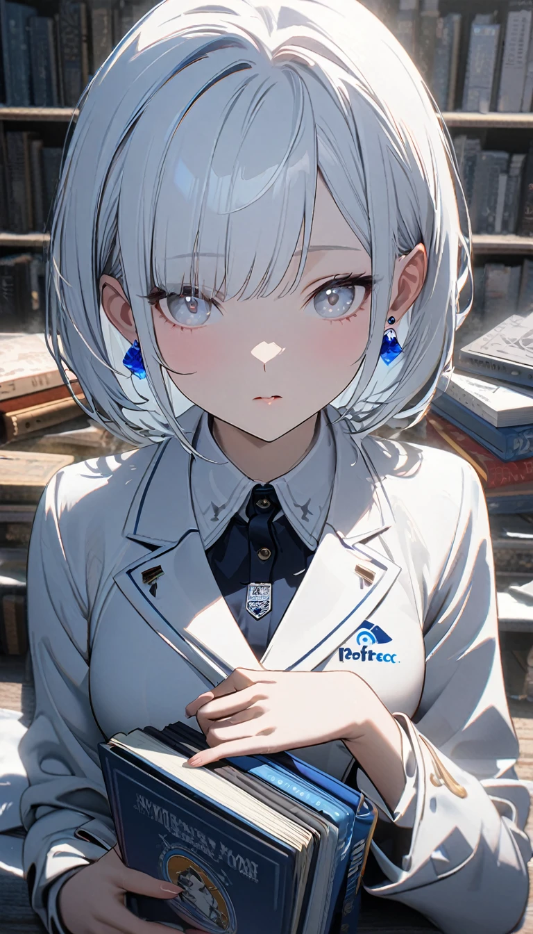 1girl,albino,snow white hair,white eyes,,white blazer with logo ,white skirt,perfect lean body, books,calm,white beanie,blue earrings,8k,high definition ,