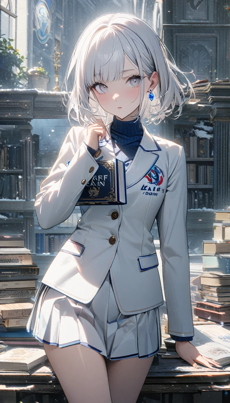1girl,albino,snow white hair,white eyes,,white blazer with logo ,white skirt,perfect lean body, books,calm,white beanie,blue earrings,8k,high definition ,