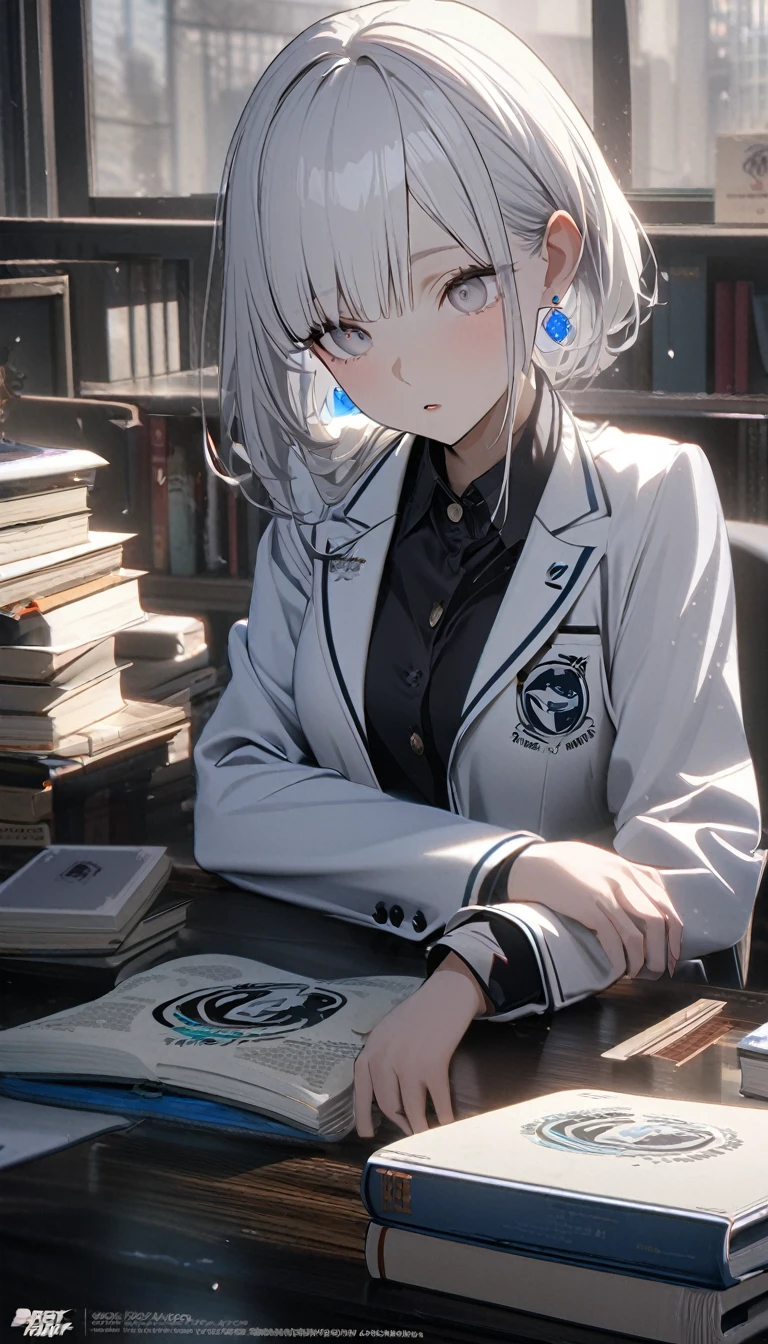 1girl,albino,snow white hair,white eyes,,white blazer with logo ,white skirt,perfect lean body, books,calm,white beanie,blue earrings,8k,high definition ,