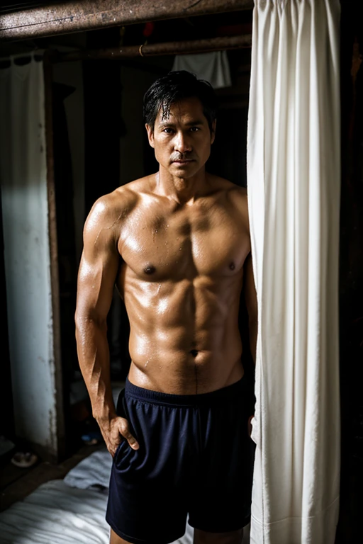 Mascular guy, dark, tall, Middle age, age 50, Filipino, Handsome, shirtless, white towel, hands in waist, tall, standing, wet, bedroom door, serious look, ragged small room in slum area, clean cut hair, sneaking in curtain