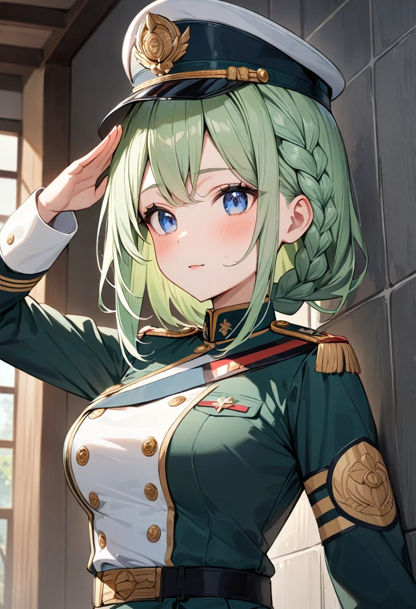 (masterpiece, top quality, very aesthetic, 4k、illustration), intricate detail, 1girl,Standing in front of a wall、(upper body)、clear face、salute、(braid hair)、
Cute 、light green hair、,middle hair,sidelock ,,blue eye、Military uniform、Tight skirt、,medium breasts、Slim 、