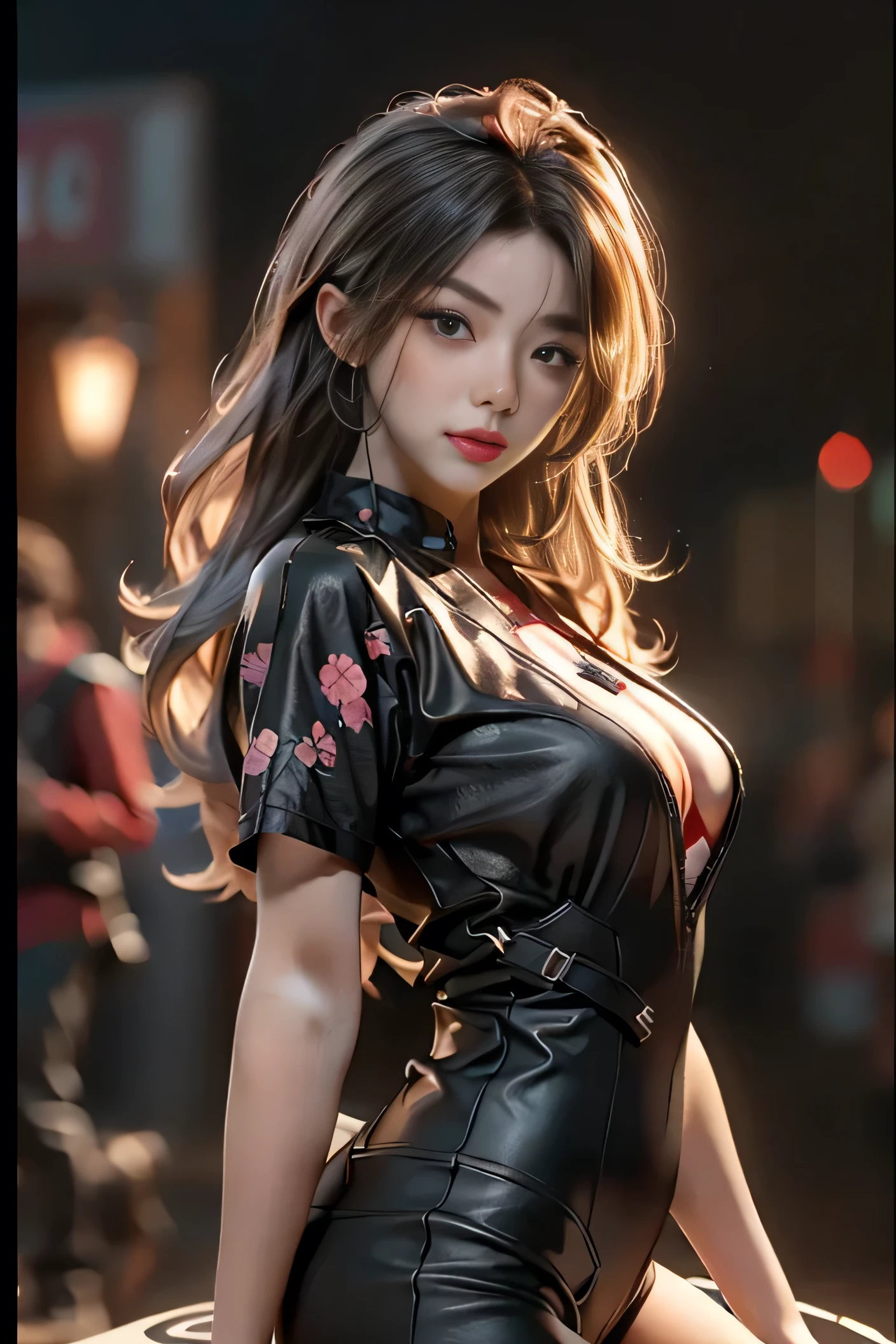 ((best quality)), ((Masterpiece)), (details:1.4), 3d, Image of a beautiful cyberpunk woman., HDR (high dynamic range),  Blonde long hair, PBR surface,After processing,Anisotropic filtration,depth of field, Maximum clarity and clarity, multi-layered surface, perfect proportions, 8K raw files, รอยแผลเป็นบนใบหน้า, Yoru, Night life, กระโปรงสั้น, นั่งชันเข่า