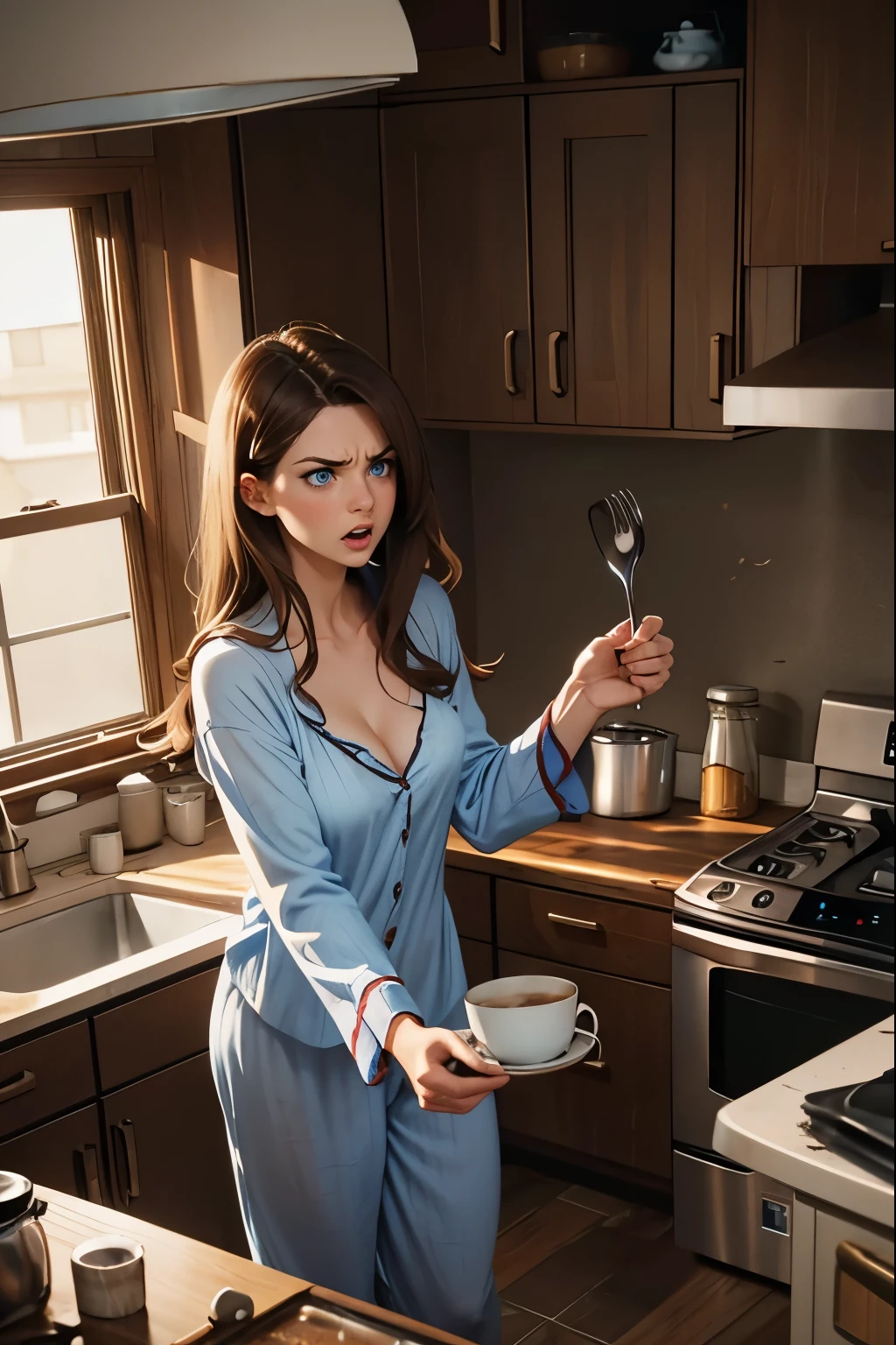 Woman, Brown Hair, Blue Eyes, Pajamas, Plunging Neckline, Very Angry, Yelling, ((Destroyed Kitchen)), Messy Kitchen, Throwing Coffee Cup, Broken Cabinets, Broken Plates