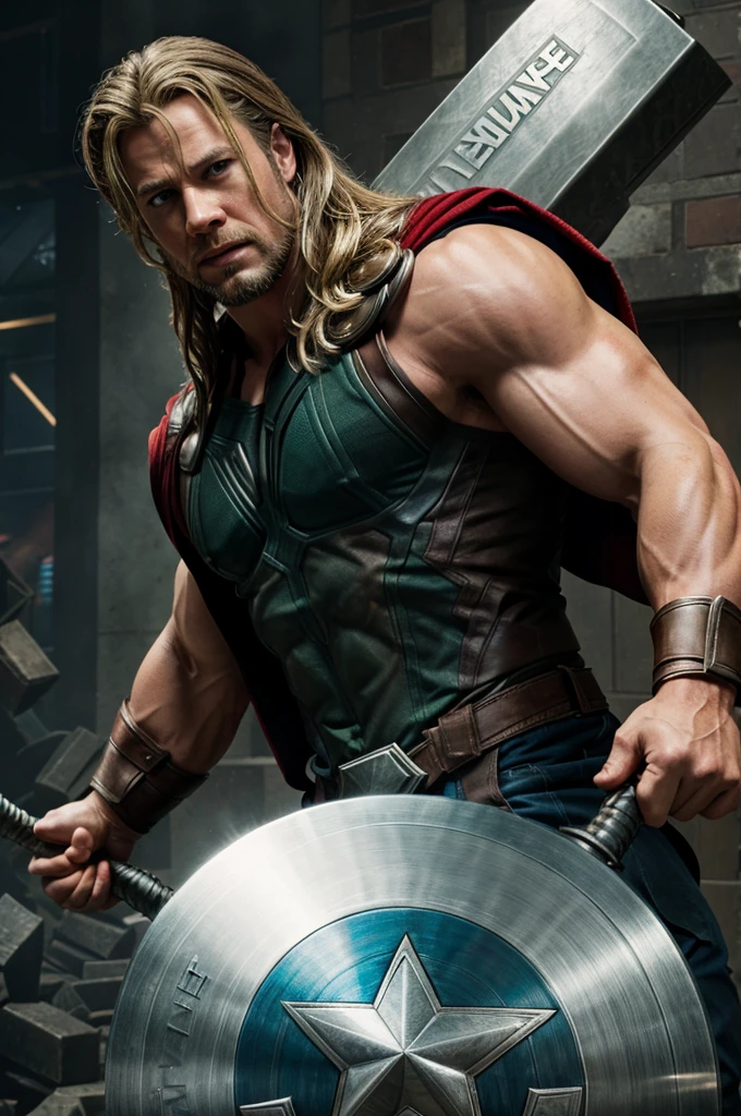 Bruce banner lifting Thor hammer in first hand and another hand be Captain America shield 