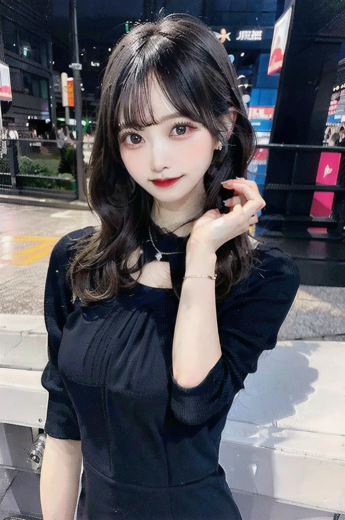 Being touched by a man,Black Bob, (Raw photo, Photorealism), (Very thick lip gloss, jet black lipstick, Lots of eyelashes, jet black eyeshadow, smile, high quality, High resolution, Depth of written boundary, chromatic aberration, Photon Mapping, Caustics, Japanese people々, woman), Glasses, Gray Knit Sweater Dress,V-neck,long sleeve bodycon dress,Moe sleeves,necklace, 一人のwoman, Earrings, bracelet, Soft looking big, Good style, Slim figure, the tip is clearly visible, The body line is very ????, Protruding, Very exposed skin, The ?????? is visible,