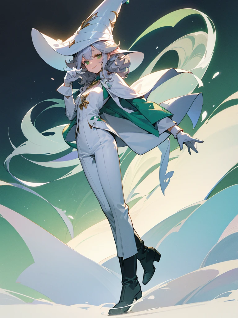 elf, silver hair,l ong hair, medium cut, curly hair,green eyes,slender,fair skin,White gloves,Smile,Mediovale, smart, laughing, hazy Solo, atmosphere, fantasy, Tuxedo, wizard hat, long boots ,Main Character, pants, face, full body shot