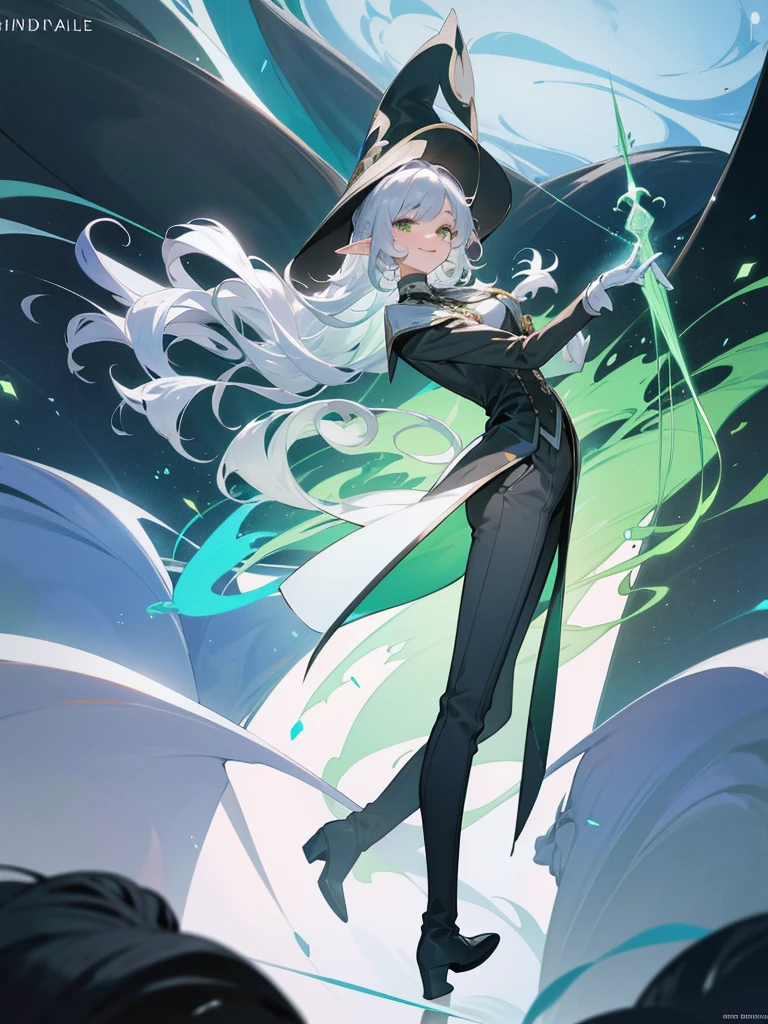 elf, silver hair,l ong hair, medium cut, curly hair,green eyes,slender,fair skin,White gloves,Smile,Mediovale, smart, laughing, hazy Solo, atmosphere, fantasy, Tuxedo, wizard hat, long boots ,Main Character, pants, face, full body shot