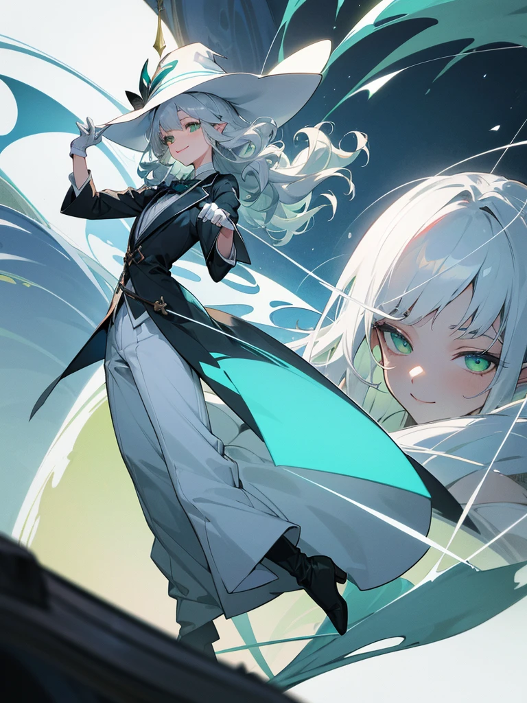 elf, silver hair,l ong hair, medium cut, curly hair,green eyes,slender,fair skin,White gloves,Smile,Mediovale, smart, laughing, hazy Solo, atmosphere, fantasy, Tuxedo, wizard hat, long boots ,Main Character, pants, face, full body shot