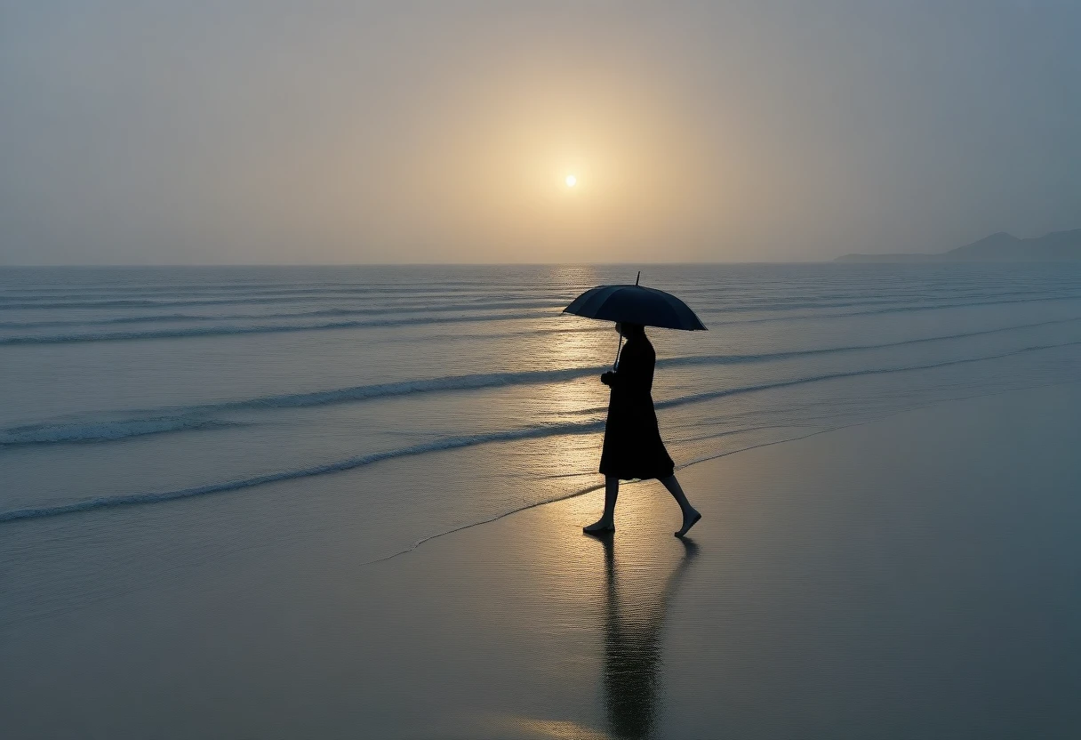 8K, Vivid picture quality, long deserted beach, woman with short and medium hair walking from far away, sunset의 붉은 빛, sunset, alone, afternoon, depressed, tide가 밀려온다, rain, black umbrella, ocean, tide, wind, short korean girl, 잔잔한 tide