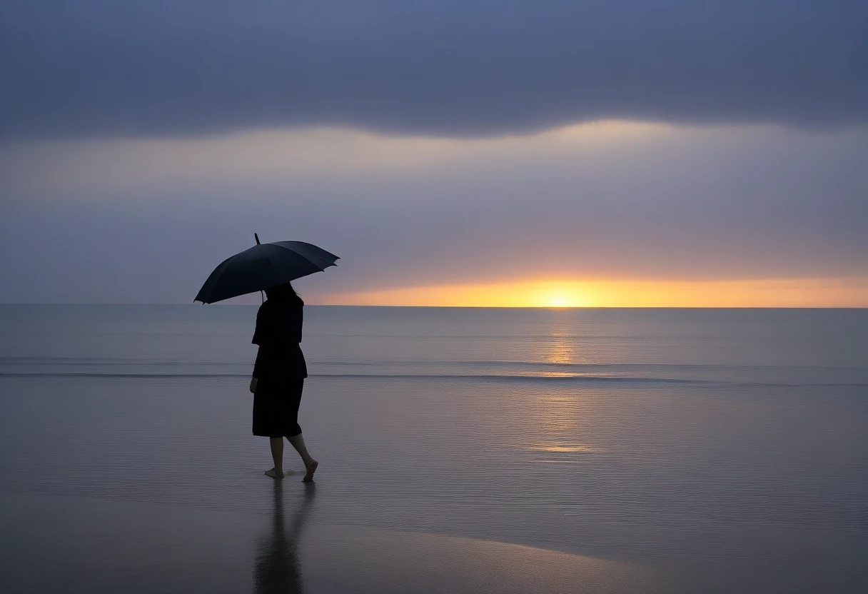 8K, Vivid picture quality, long deserted beach, woman with short and medium hair walking from far away, sunset의 붉은 빛, sunset, alone, afternoon, depressed, tide가 밀려온다, rain, black umbrella, ocean, tide, wind, short korean girl, 잔잔한 tide