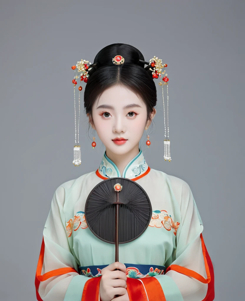 Chinese classical girl portrait，symmetry，Round Face，Bright Eyes，Smooth skin，Chinese Song Dynasty official uniform,egotistical,Official hat，Holding a round fan，Clean background