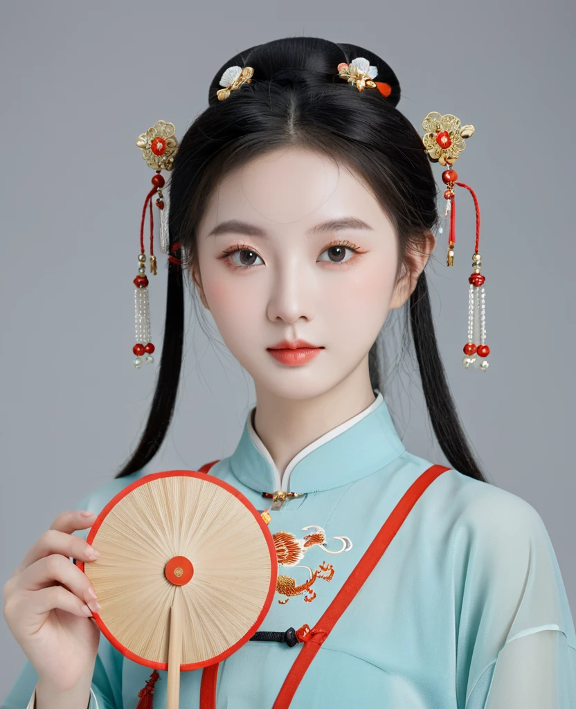 Chinese classical girl portrait，symmetry，Round Face，Bright Eyes，Smooth skin，Chinese Song Dynasty official uniform,egotistical,Official hat，Holding a round fan，Clean background