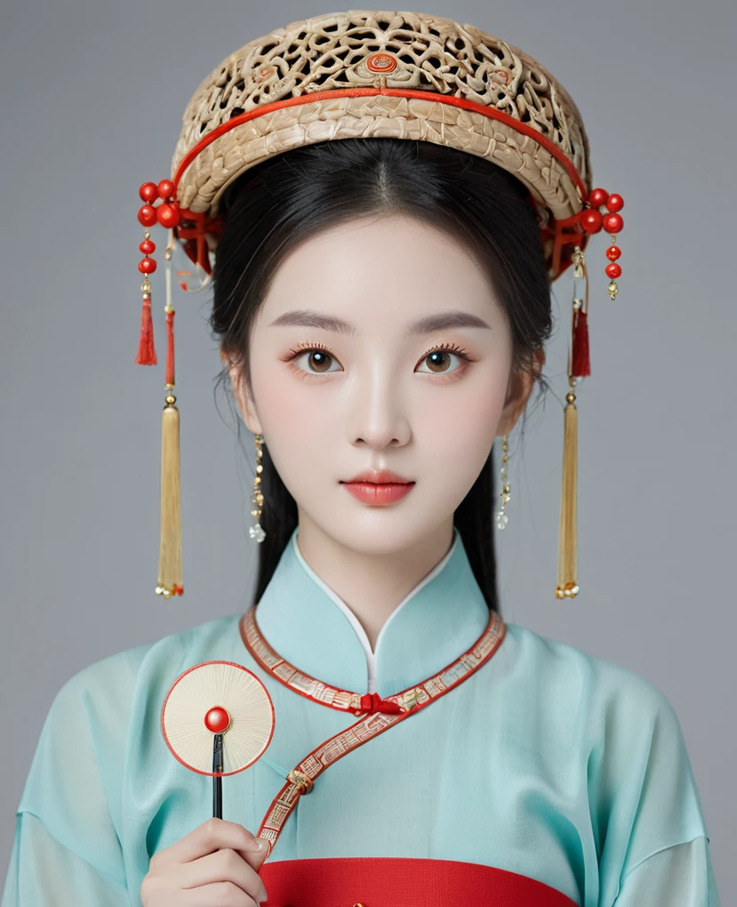 Chinese classical girl portrait，symmetry，Round Face，Bright Eyes，Smooth skin，Chinese Song Dynasty official uniform,egotistical,Official hat，Holding a round fan，Clean background