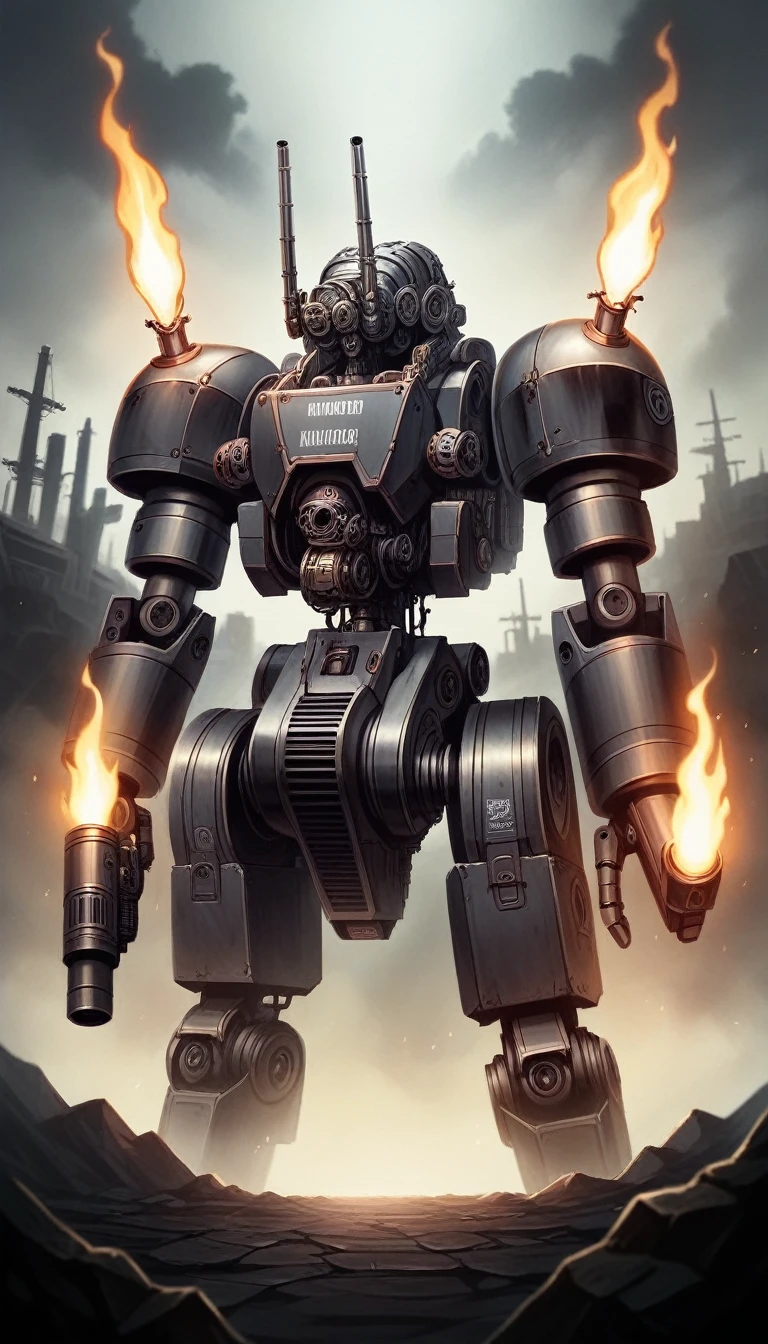 A highly detailed, futuristic robot holding a large, vintage flamethrower, emitting flames amidst a dark, foggy battlefield, 1 robot, highly detailed robot, hyperrealistic robot, vintage flamethrower, realistic flames, dark foggy battlefield, dramatic lighting, cinematic composition, intricate details, masterpiece, photorealistic, 8k, award-winning, volumetric fog, dramatic atmosphere