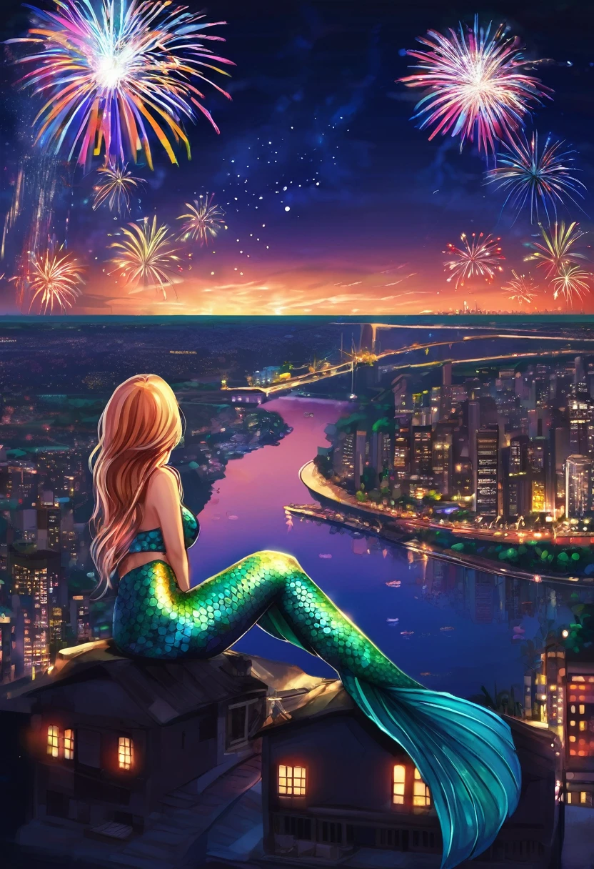 Mermaid girl, city at night, river, fireworks
