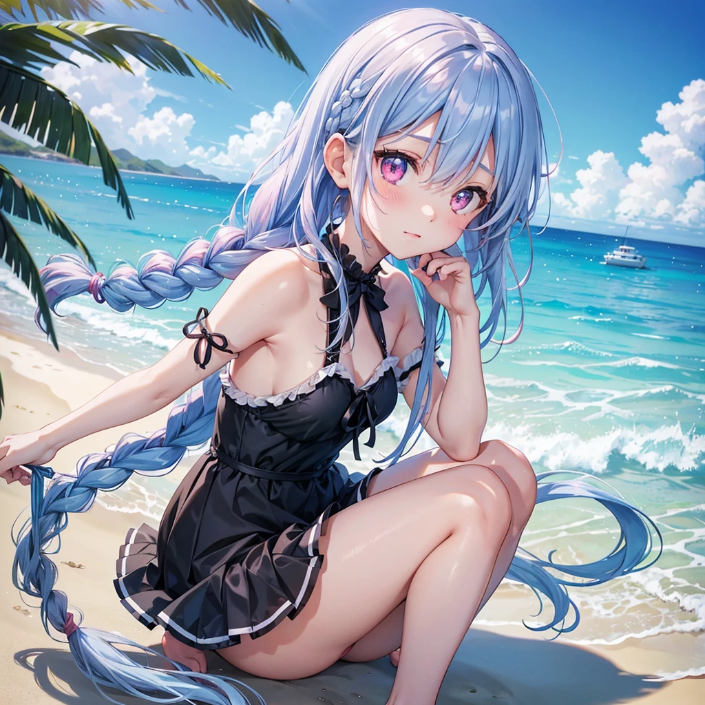 (Sky blue medium hair),(Braided hair tied together)、Pink eyes、Fair skin、(whole body)、(One Girl)、Black frilly swimsuit、Shining white sand beach in midsummer、Okinawa&#39;s ocean、A big smile、、(masterpiece、Highest quality、Very detailed、Best Shadow)、(Detailed Background)、(Beautifully detailed face)、High contrast、(Best lighting、Very delicate and beautiful)、((Cinematic Light))、colorful、Hyper Detail、Dramatic Light、Exquisite detail、Girl sitting