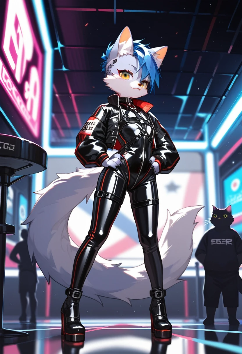 animation, Highest quality, Highest quality, High quality illustrations, masterpiece, Ultra-high resolution, Detailed Background, In town, Absurd, Perfect Anatomy, performance, Good lighting, Shadows in the movies(kemono, Furry PersonifiCation), Cat, Rubber suit, latex, neon, neonライト, neonカラー, Racing Suits, Cyber Suit, Harness, Leather Half Jacket, cyber punk