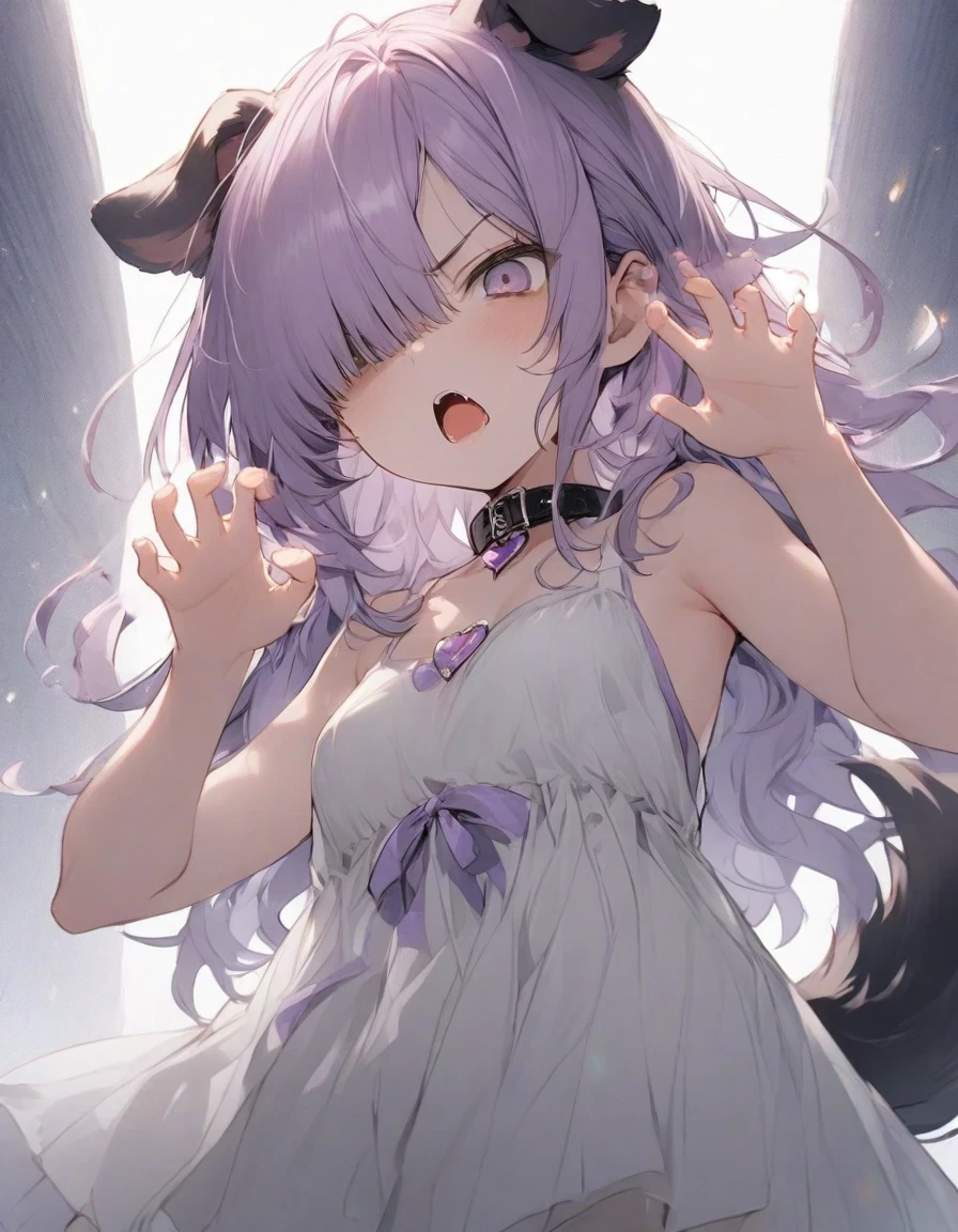 cute dress,(from below:1.25),angry,open mouth,standing,、、、purple ribbon,,,heart_brooch,{masterpiece), best quality, illustration, (1girl), , expressionless,,, (small breasts:1.5).rib, flat chest, ,,(purple hair:1.25),,bags_under_eyes,, (hair over one eye:1.25),,, , jimiko, long hair,big hair, {{shaded face}},, , {shaded face}, ,1girl, wince,,, darkness, dog ears,dog tail, collar,(raise both hands:1.5), threatening pose, "gao" pose, raise chin,