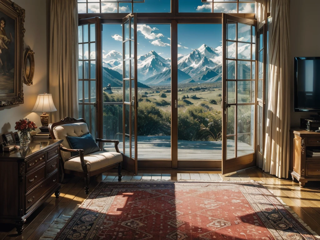 8K HD,3:4 sizes,Portrait orientation,Vertical photo,Blue sky and white clouds,Glass House,Glass House,There is a big red bed in the room,There is a table here,TV,There is one,With light,With bookshelf,Red curtains,Large glass windows all around,Overlooking the panoramic view,The most important thing is the bed。Outside the window is a forest, mountains, water, and trees scenery