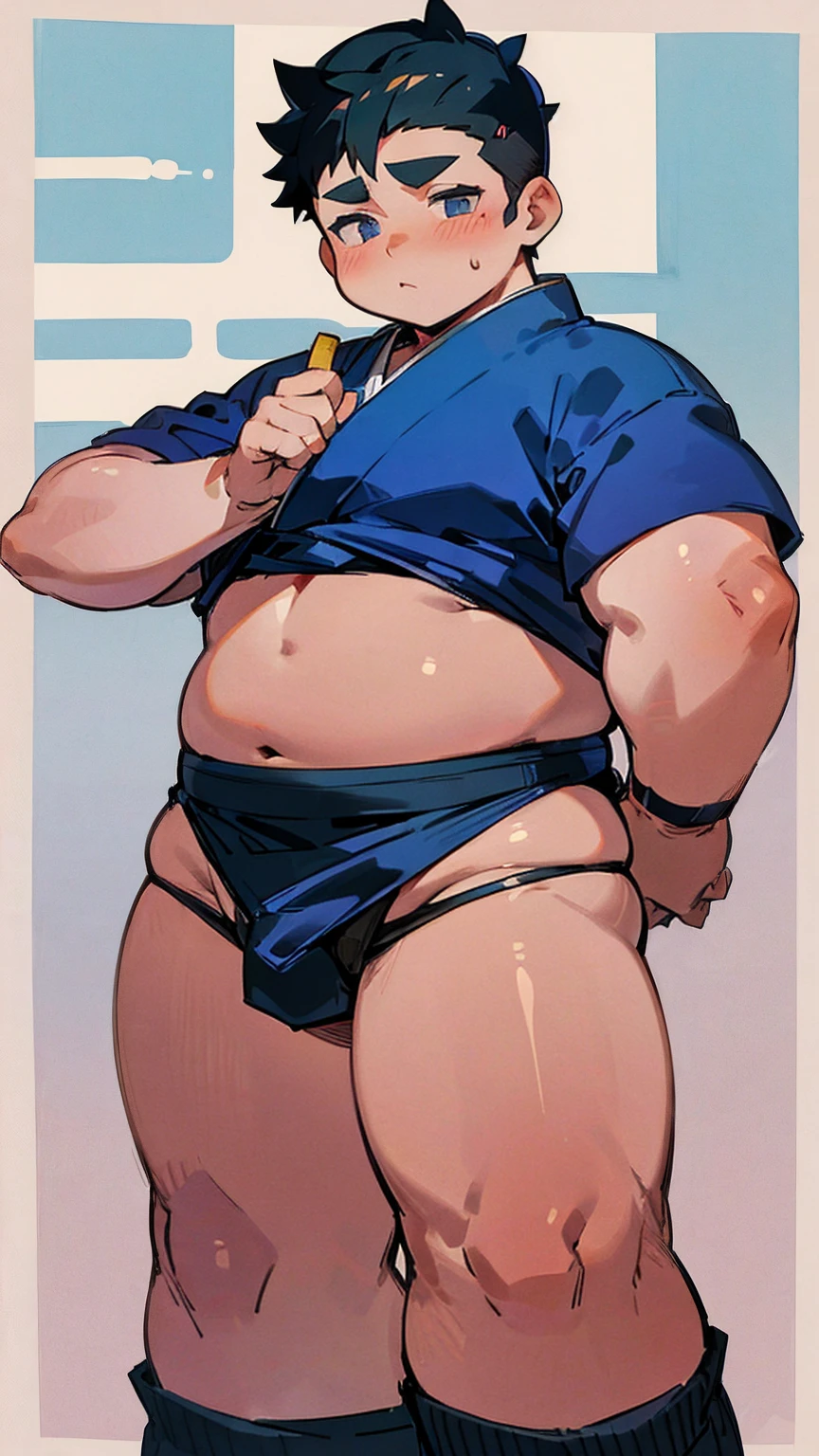 ((androgynous)), beautiful, (very short hair), (pudgy face), (thick),(cute), ((boyish)), (chubby), belly, muscular, (beefy), (jockstrap), (cool), (sexly), (Hakama), (blue eyes), (shaved sides), (Black Hair), (warrior)