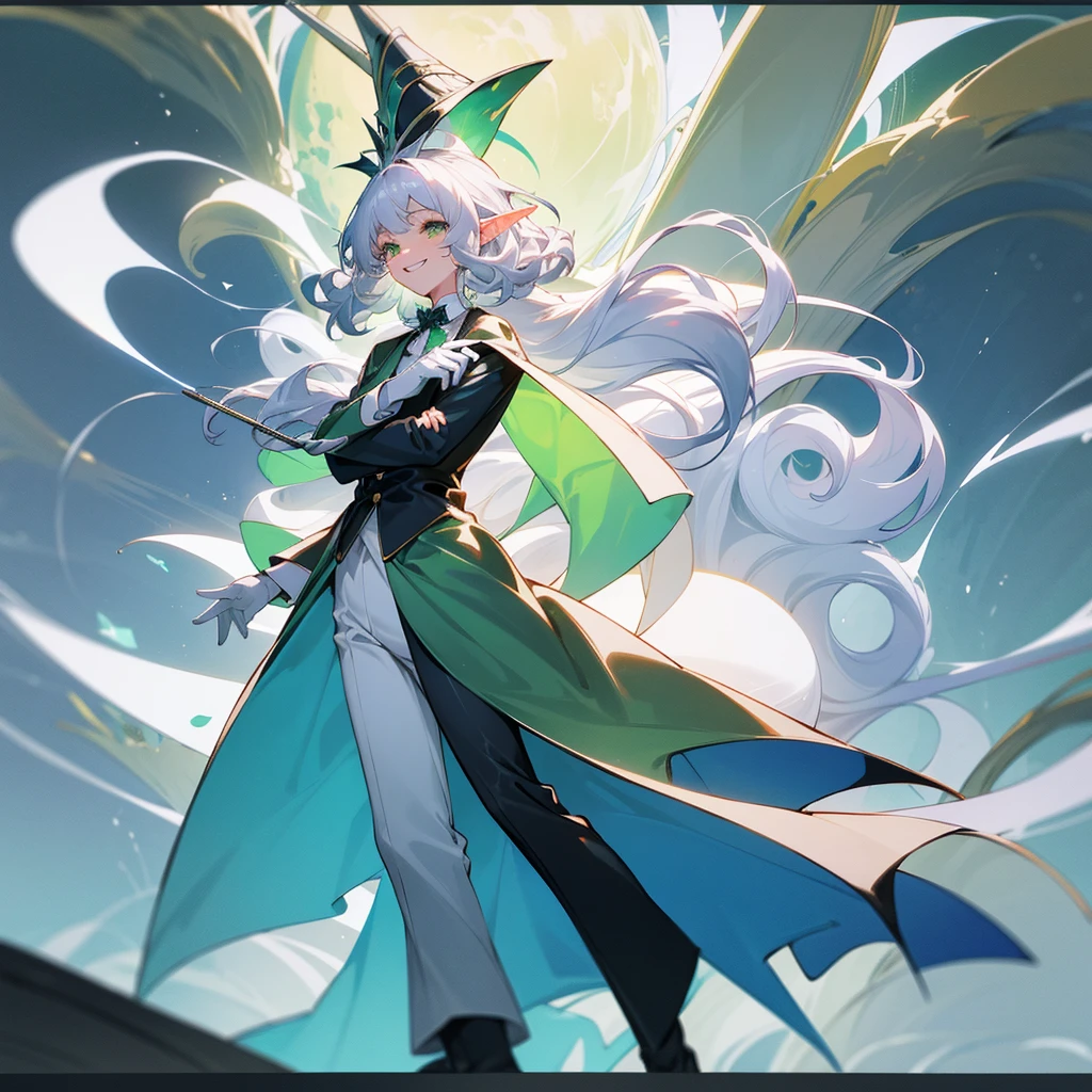 elf, silver hair,l ong hair, medium cut, curly hair,green eyes,slender,fair skin,White gloves,Smile,Mediovale, smart, laughing, hazy Solo, atmosphere, fantasy, Tuxedo, wizard hat, long boots ,Main Character, pants, face, full body shot