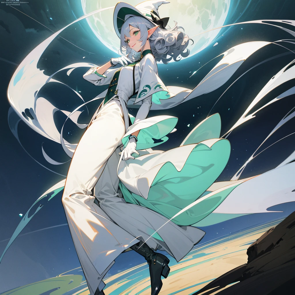 elf, silver hair,l ong hair, medium cut, curly hair,green eyes,slender,fair skin,White gloves,Smile,Mediovale, smart, laughing, hazy Solo, atmosphere, fantasy, Tuxedo, wizard hat, long boots ,Main Character, pants, face, full body shot
