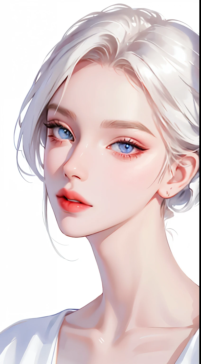 Beautiful girl in white top, portrait, White background, Egiosar, Gradient lips, Glass Skin, Ruddy cheeks and lips, big eyes, Solitary, Comic Style, Pale skin
