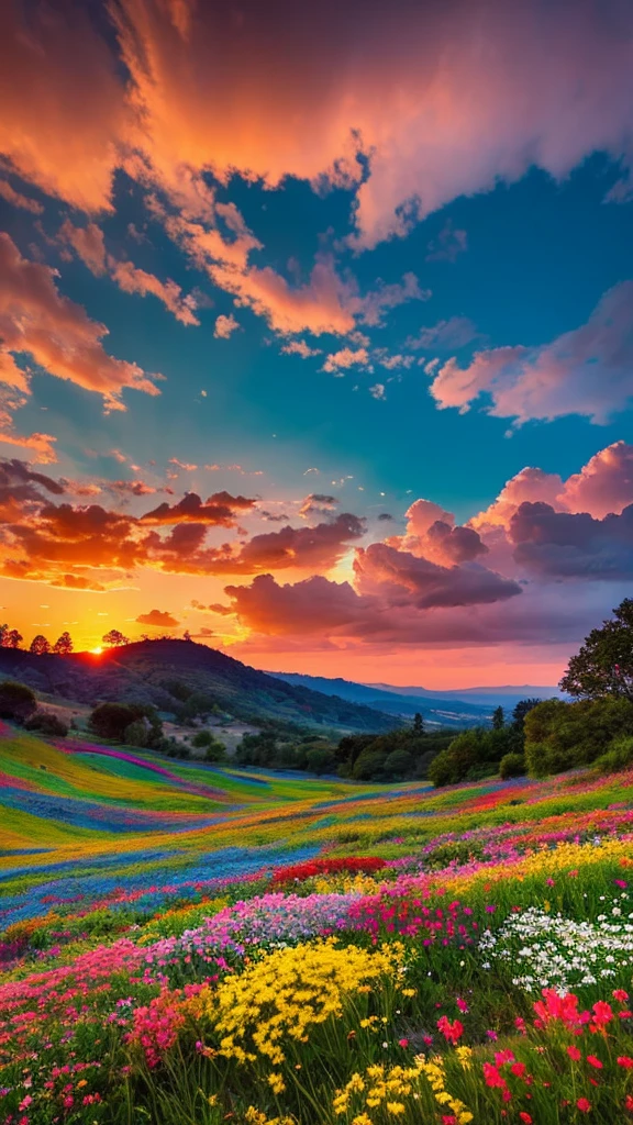 You can watch a beautiful sunset, The hills are covered with flowers and plants., Flowers are nearby, Colorful Sky, Surreal colors, Colorful sunset, Colorful Sky, Beautiful skyの反射, Beautiful sky, Fantastic atmosphere 8K, Multicolored clouds, Colors reflected in the lake, Surreal Sky, Red and blue reflections, Fire Reflection, Beautiful sky, beautiful and spectacular sunset, Beautiful dream landscape, Beautiful sky