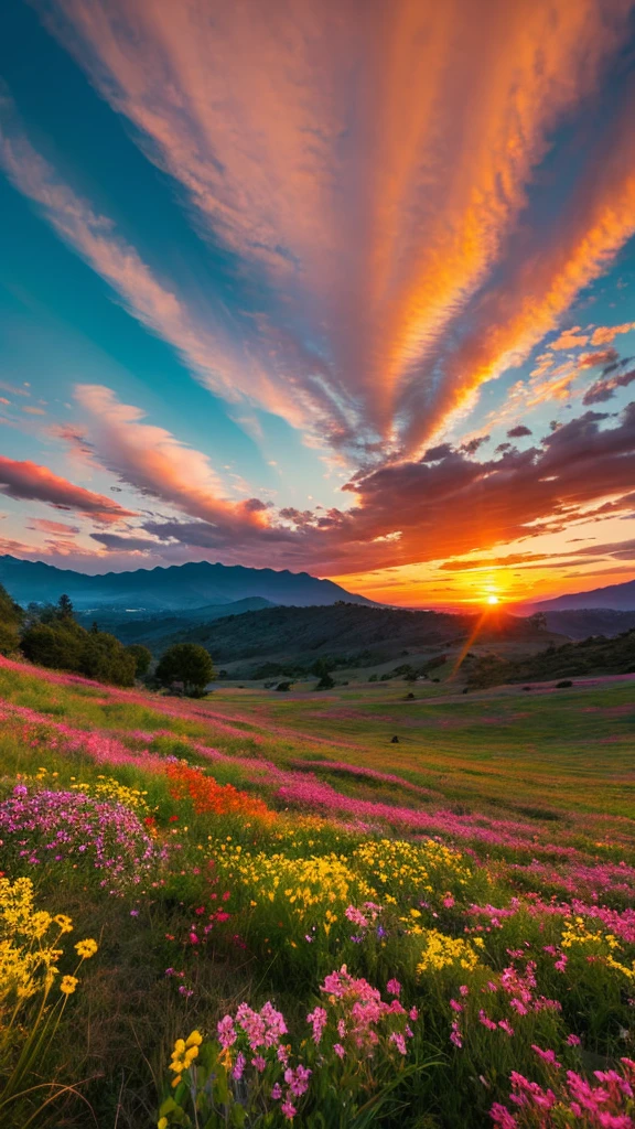 You can watch a beautiful sunset, The hills are covered with flowers and plants., Flowers are nearby, Colorful Sky, Surreal colors, Colorful sunset, Colorful Sky, Beautiful skyの反射, Beautiful sky, Fantastic atmosphere 8K, Multicolored clouds, Colors reflected in the lake, Surreal Sky, Red and blue reflections, Fire Reflection, Beautiful sky, beautiful and spectacular sunset, Beautiful dream landscape, Beautiful sky