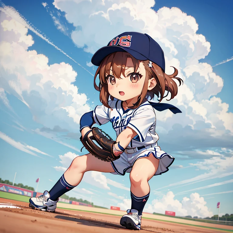 Baseball Player, Misaka Mikoto, (chibi:1.5), 1girl, full body, Big Eyes, (masterpiece), highest quality