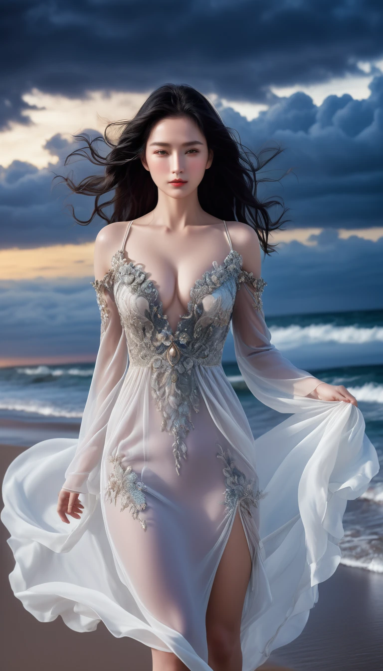 ((Masterpieces with up to 16K resolution:1.6)),Highest quality,it is really amazing,Very detailed,Ultra-high resolution,((Real:1.5)),((Realistic:1.5)),Increased depth of field,((Cinematic Light Effects:1.5)),
Elegant mature woman,
Long black hair,((Ultra-detailed and beautiful faces:1.5)),Translucent white skin,Very detailedな肌の質感,Great proportions,Anatomically correct body,
elegant beach dress,Artistic design,Beautiful and detailed pattern,Luxurious jewellery decoration,Detailed fabric texture,
Coastal landscape at dusk,Dark clouds and dark sky,delay々Continuing sandy beach, Deserted Beach,Dark sea surface,
((Dramatic Angle:1.6)),